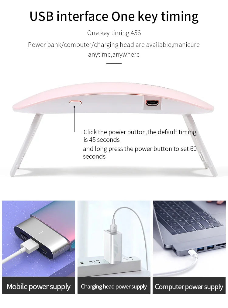 6W Mini Nail Lamp UV LED Gel Polish Cured Pink White Nail Dryer Machine Portable USB Cable Home Nails Dry Tool for Gel Varnish