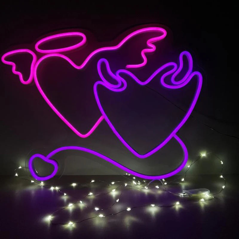 Angel and Demon in Love Heart Neon Sign
