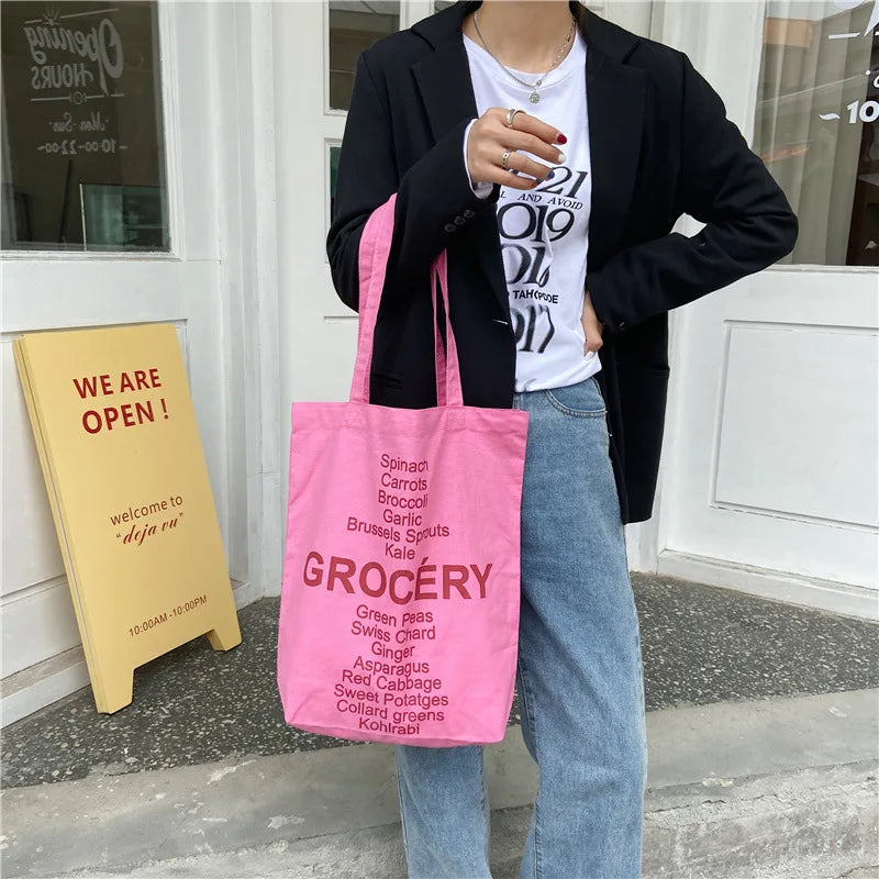 Rose Pink Women Canvas Shoulder Bag Eco Reusable Ladies Daily Shopping Bags Thin Cloth Female Girls Summer Beach Tote Handbags