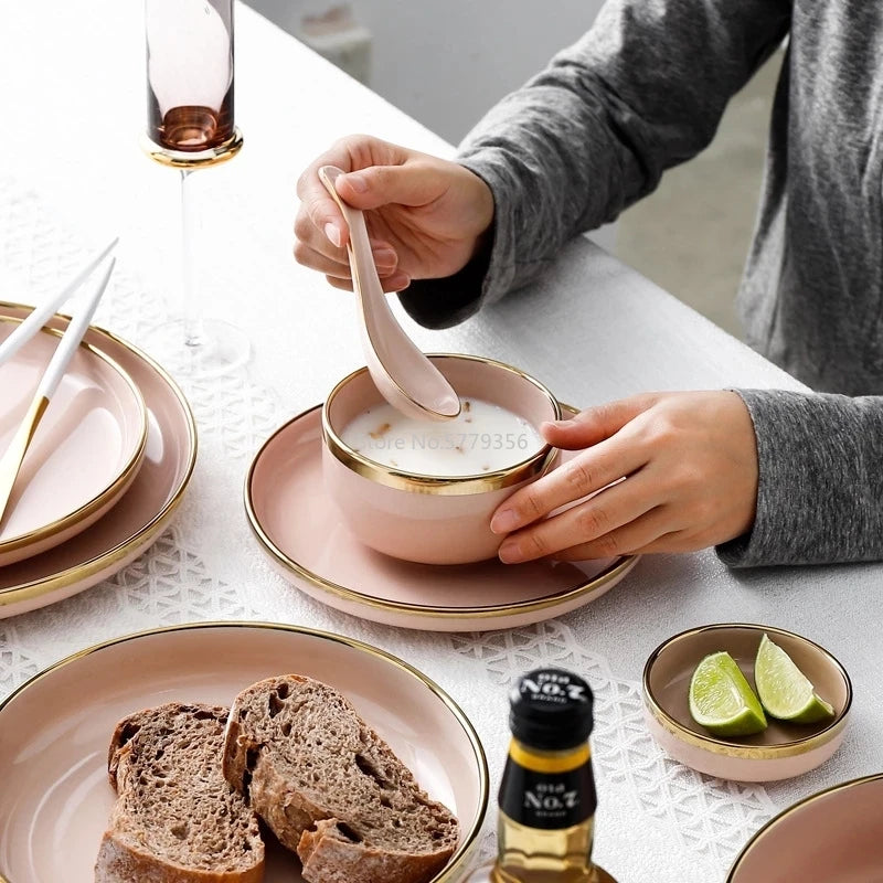 Pink Black Gold Inlay Ceramic Dinner Plate Tableware Porcelain Bulk Serving Dishes Home Wedding Decorative Dinnerware