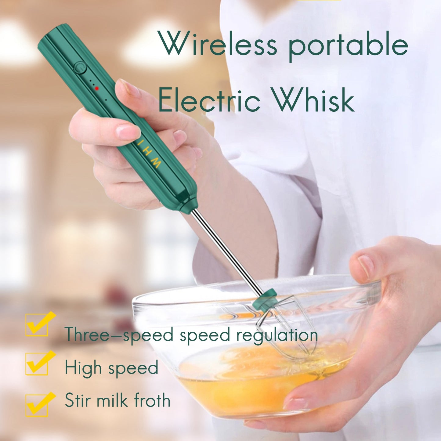 USB Rechargeable Electric Whisk Egg Beater Handheld Coffee Blender Household Milk Shaker Mixer Frother Foamer Green