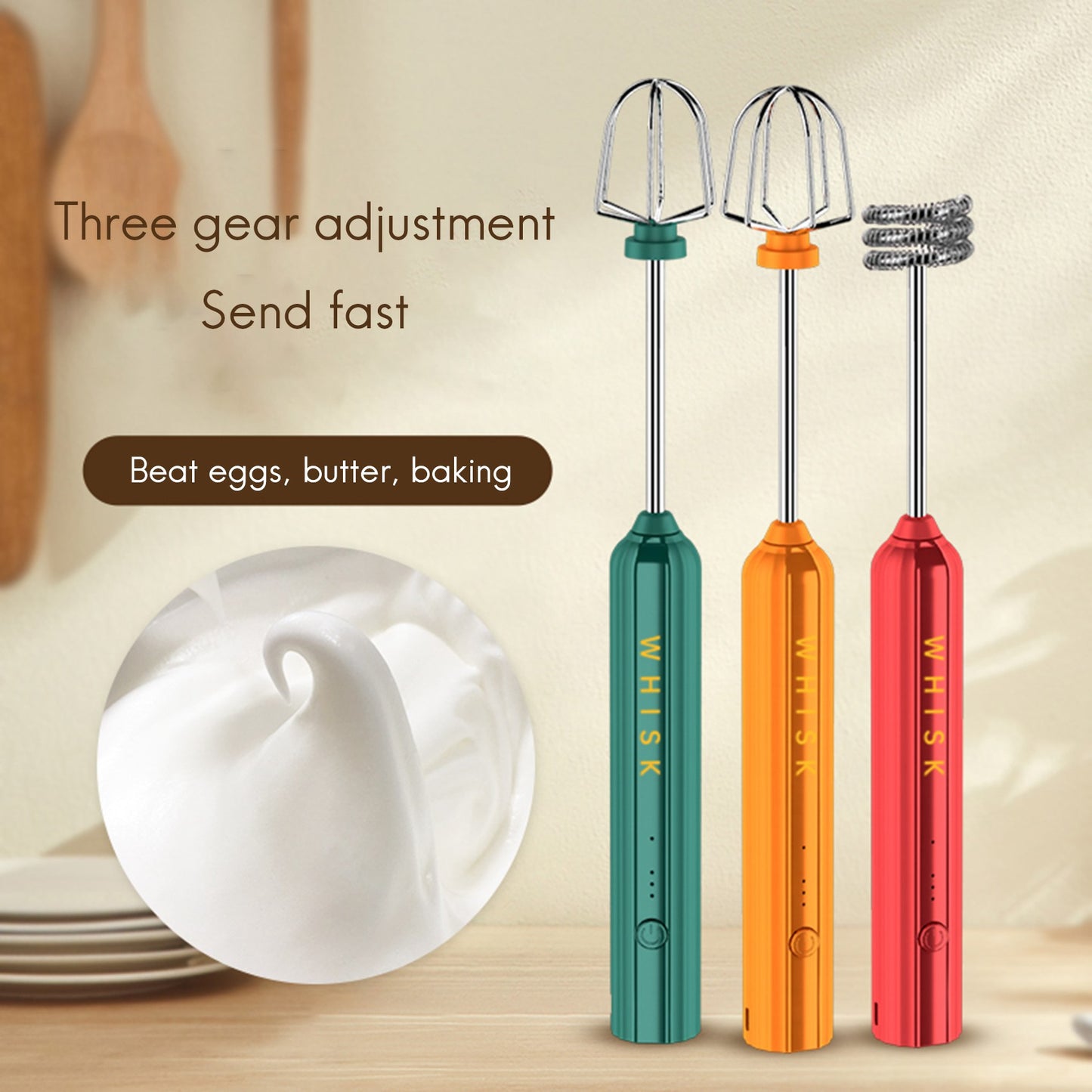 USB Rechargeable Electric Whisk Egg Beater Handheld Coffee Blender Household Milk Shaker Mixer Frother Foamer Green