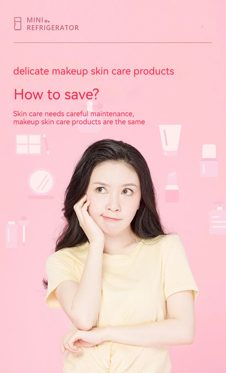Pink Mini Portable 6L Personal Electric Cosmetics Beauty Fridge Freezer Skincare With Mirror LED Light