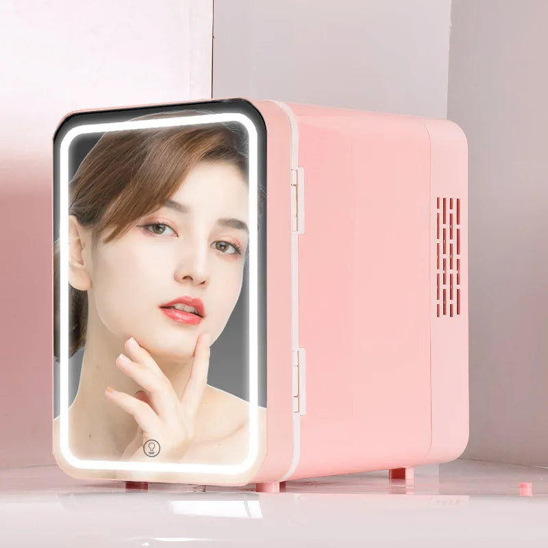Pink Mini Portable 6L Personal Electric Cosmetics Beauty Fridge Freezer Skincare With Mirror LED Light
