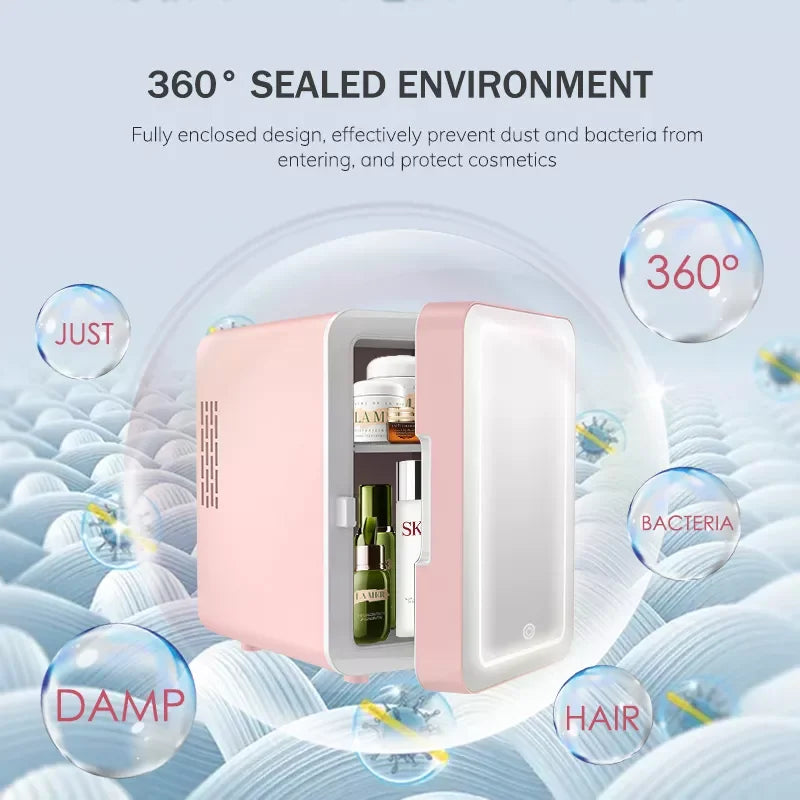 Pink Mini Portable 6L Personal Electric Cosmetics Beauty Fridge Freezer Skincare With Mirror LED Light