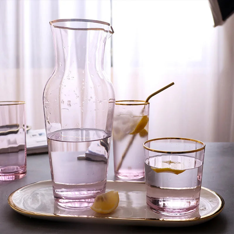 Nordic Creative Pink Cocktail Glass Lead-Free Crystal Home Champagne Wine Glasses Set Goblet Juice Water Cup Golden Edge Kettle
