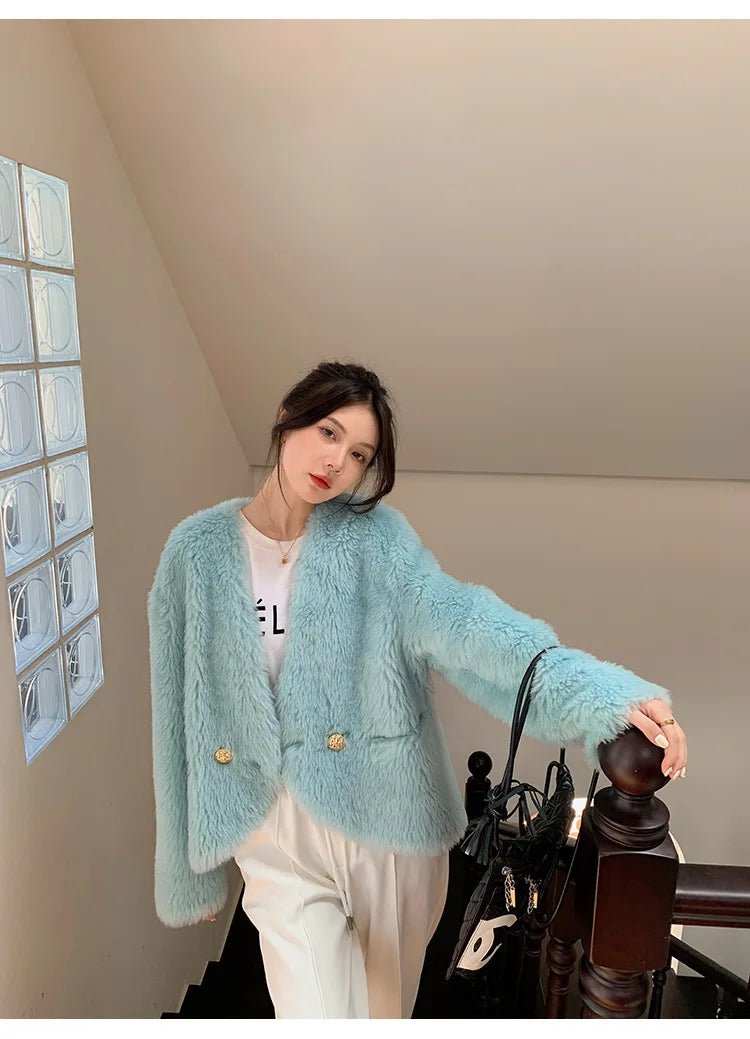 Tuscan Fur True Lamb Wool Sheep Trimmed Fleece Fur Coat
