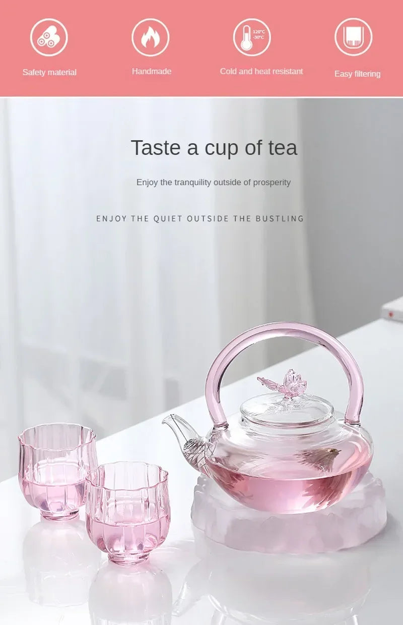 Tea Pot Pink Butterfly High Borosilicate Transparent Glass Beam Pot Clay Stove Tea Kettle Tea Cup