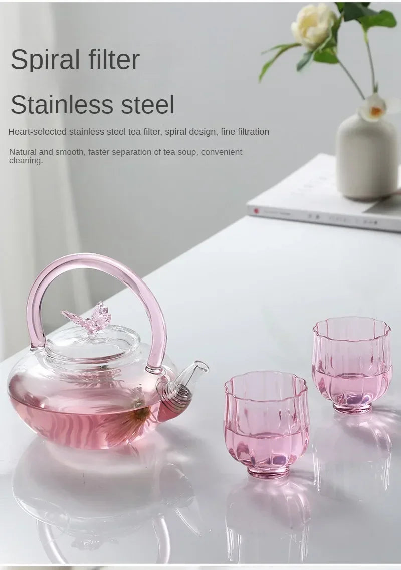 Tea Pot Pink Butterfly High Borosilicate Transparent Glass Beam Pot Clay Stove Tea Kettle Tea Cup