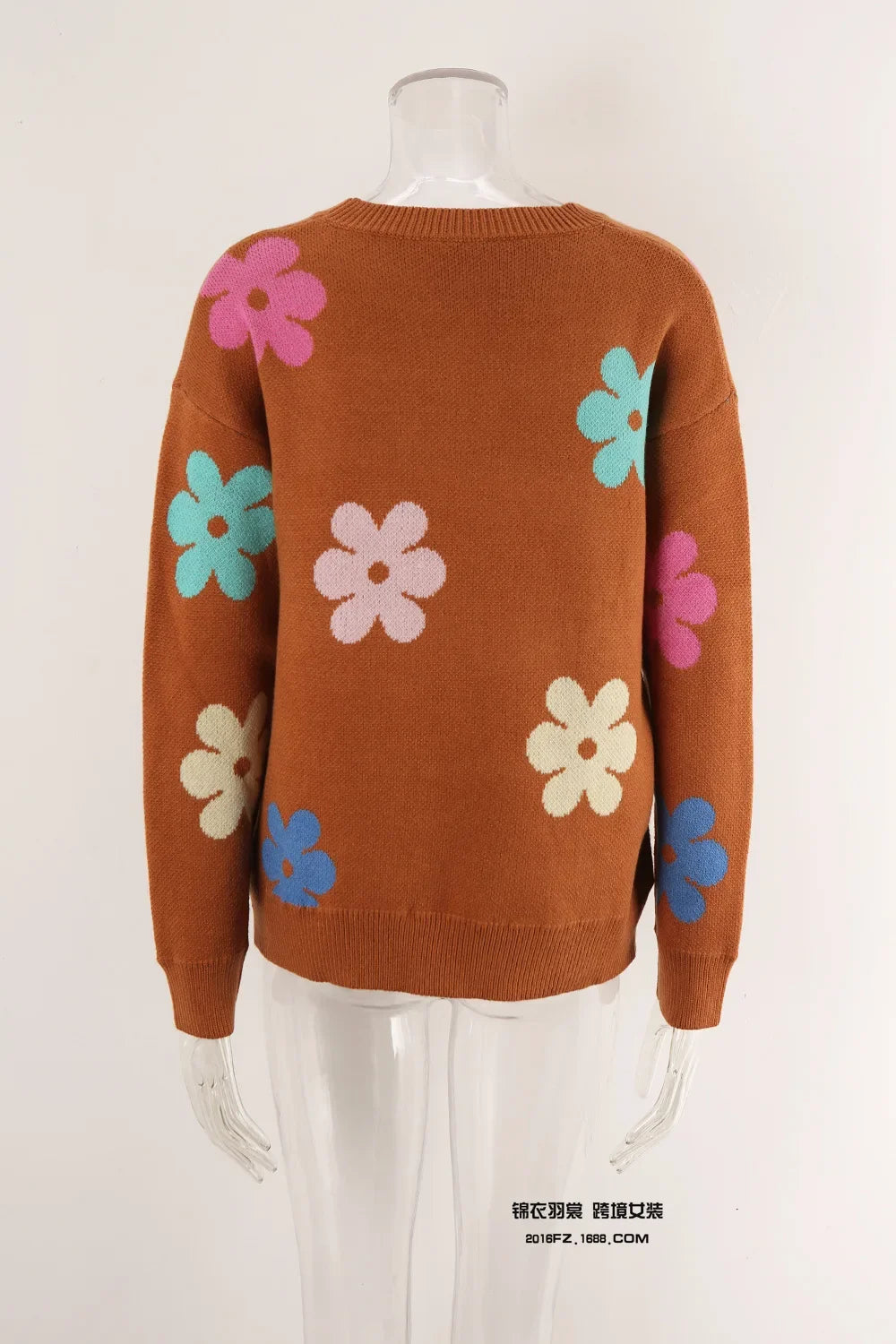 Spell Color Flower Round Collar Pullover Knitted Sweater