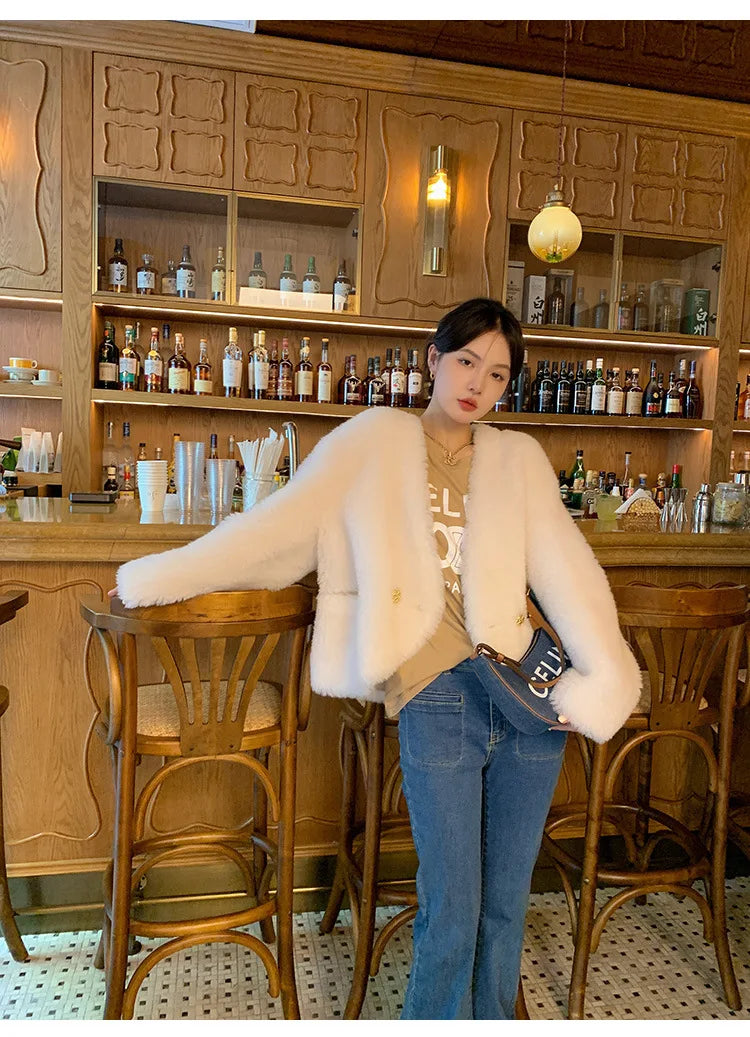 Tuscan Fur True Lamb Wool Sheep Trimmed Fleece Fur Coat