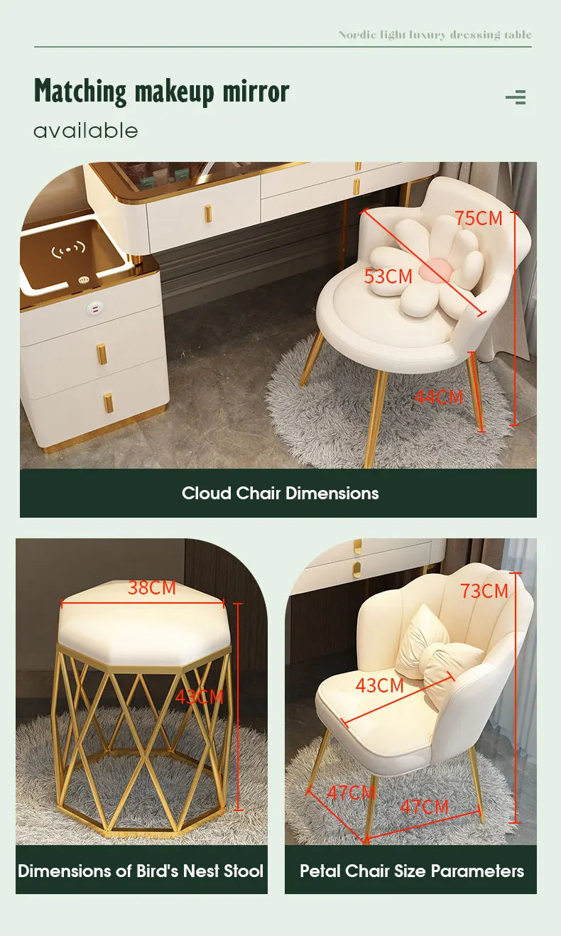 Multifunction Wireless Charging Princess Dressing Table Convertible Bedroom Smart Makeup Vanity With LED Mirror
