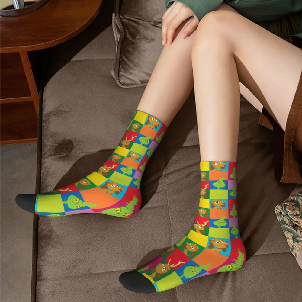 Novelty Christmas-S-Green-S-Grinching Socks Men's Women's Fashion Socks Spring Summer Autumn Winter Middle Tube Socks Gift