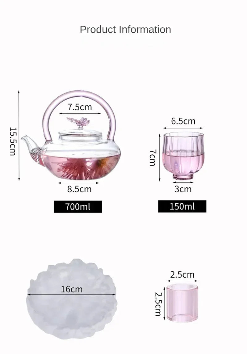 Tea Pot Pink Butterfly High Borosilicate Transparent Glass Beam Pot Clay Stove Tea Kettle Tea Cup