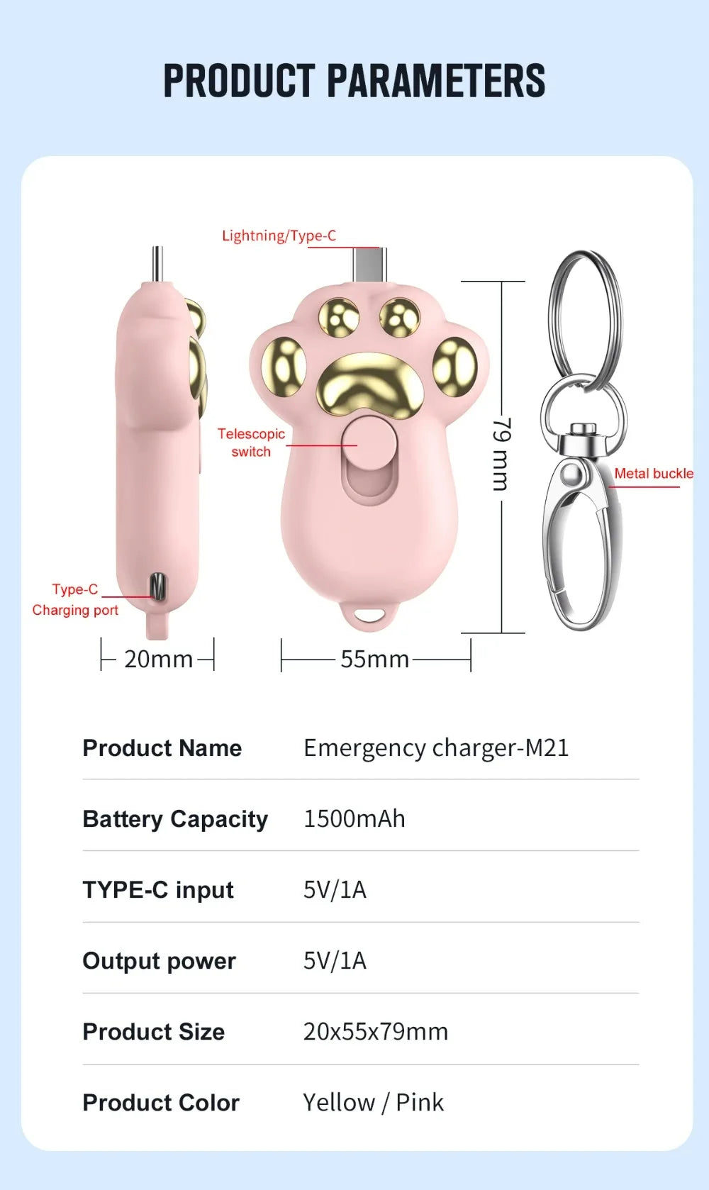 Portable Pocket Charger 2000mAh Power Banks Portable Charger Key Chain Emergency Power Bank for iPhone or Android