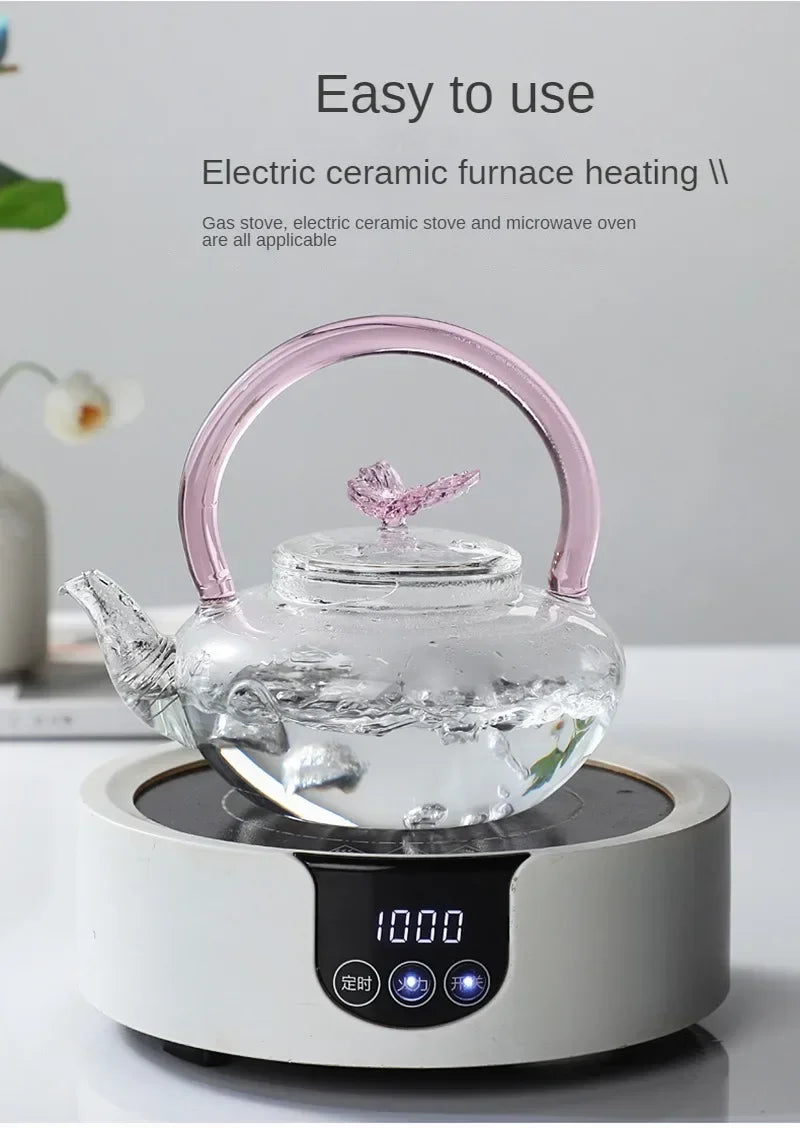 Tea Pot Pink Butterfly High Borosilicate Transparent Glass Beam Pot Clay Stove Tea Kettle Tea Cup