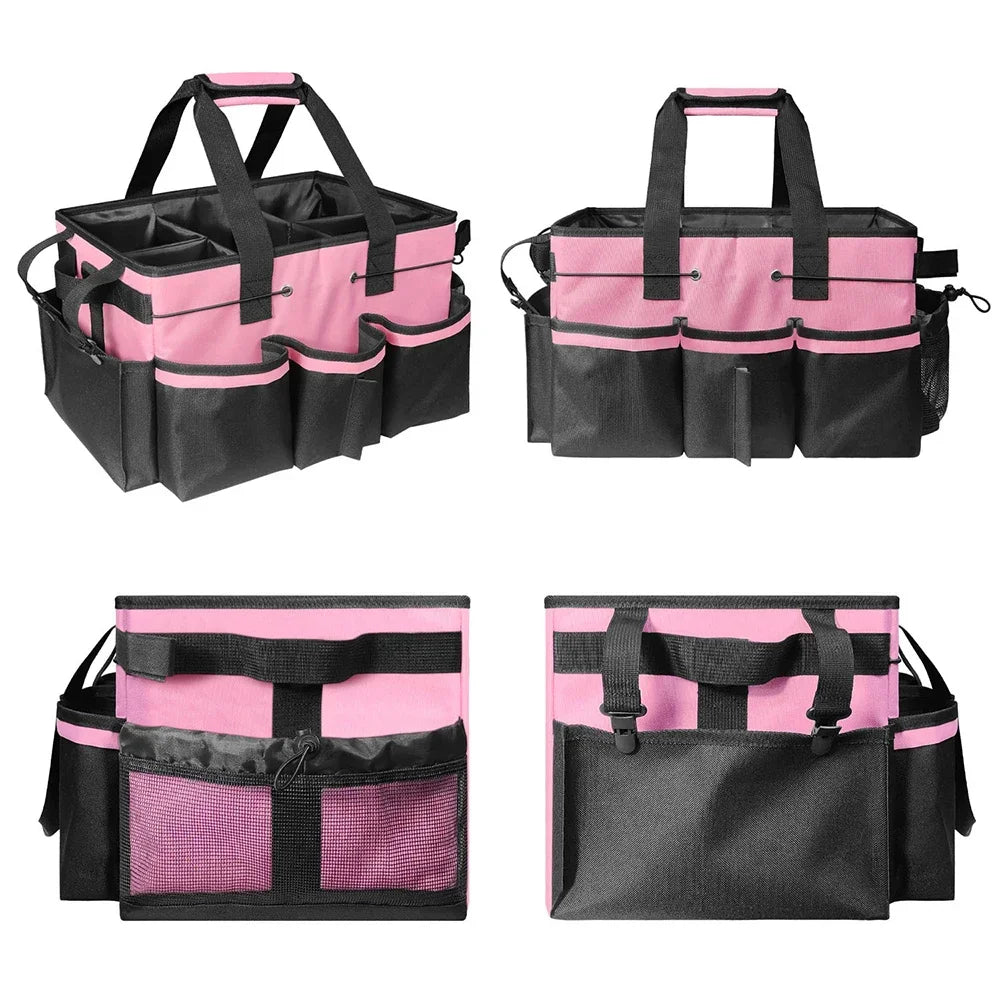 Pink Tool Bag with Pockets Cleaning Toolbag Storage Waterproof Wear-Resistant Large Capacity Oxford Cloth Tools Organizer