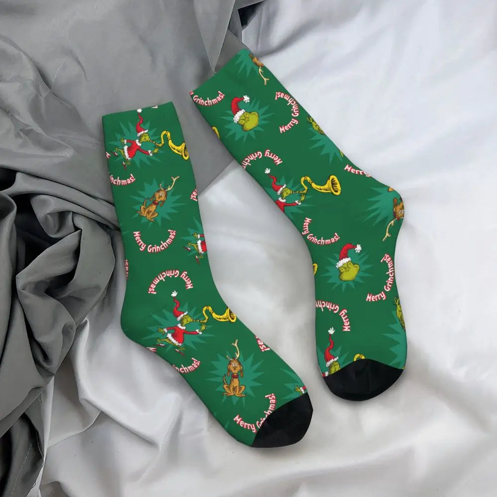 Novelty Christmas-S-Green-S-Grinching Socks Men's Women's Fashion Socks Spring Summer Autumn Winter Middle Tube Socks Gift