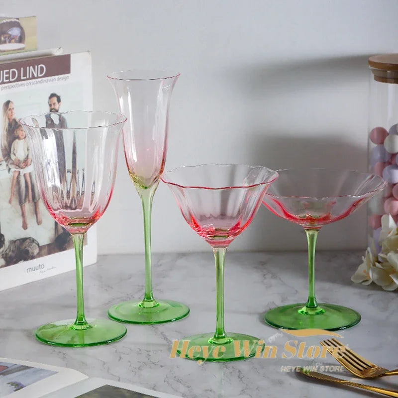 French Floral Cocktail Glass Household Luxury Retro Flower Red Wine Goblet Crystal Glass Pink Green Champagne Cup Cocktail Cup