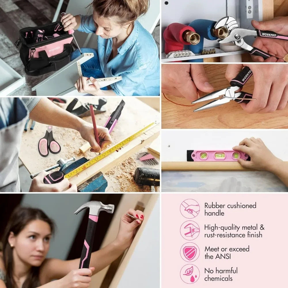 Pink Household Tool Kit with Drill, 157PCS Tool Set with 20V Cordless Lithium-ion Drill Driver, Home Tool Kit for All Purpose