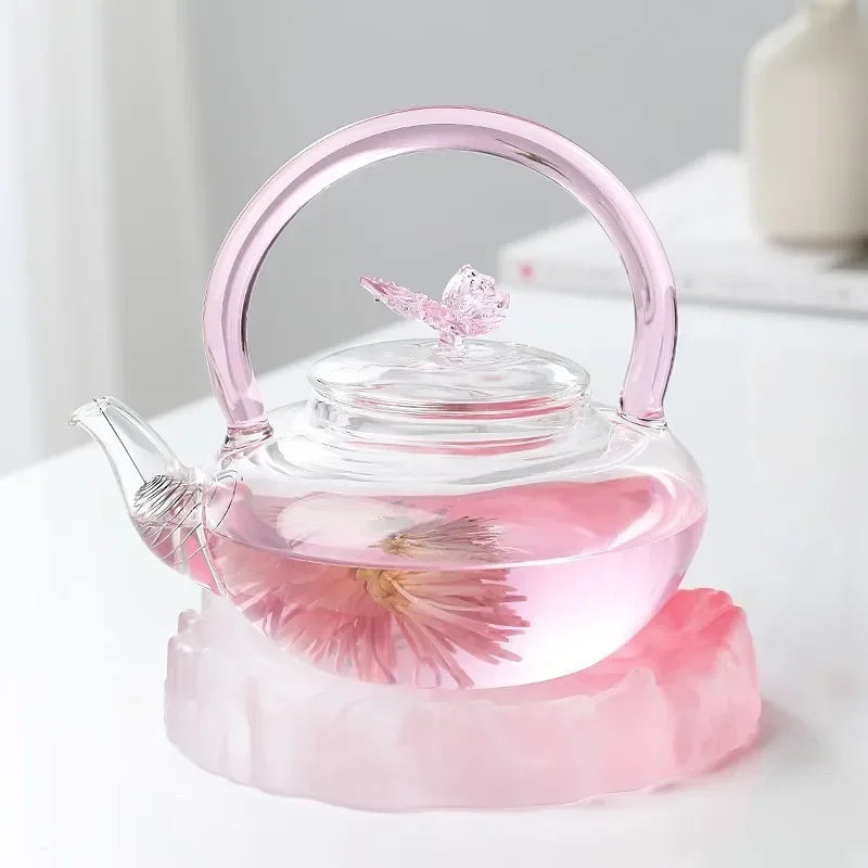Tea Pot Pink Butterfly High Borosilicate Transparent Glass Beam Pot Clay Stove Tea Kettle Tea Cup