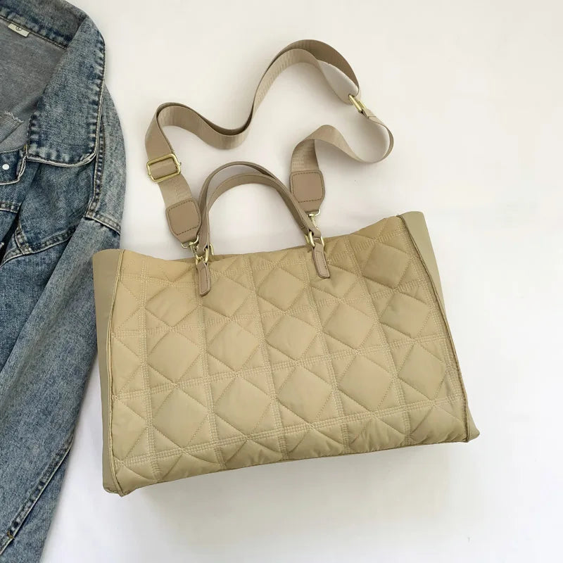 Green Padded Handbag Fashion Quilted Shoulder Bags For Women 2023 Winter Space Cotton Shopper Bag Portable Large Capacity Tote