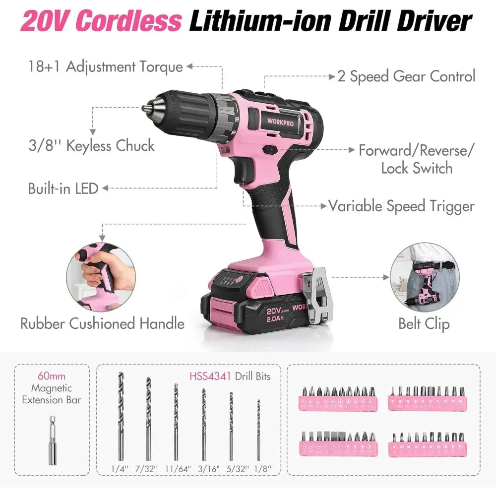 Pink Household Tool Kit with Drill, 157PCS Tool Set with 20V Cordless Lithium-ion Drill Driver, Home Tool Kit for All Purpose