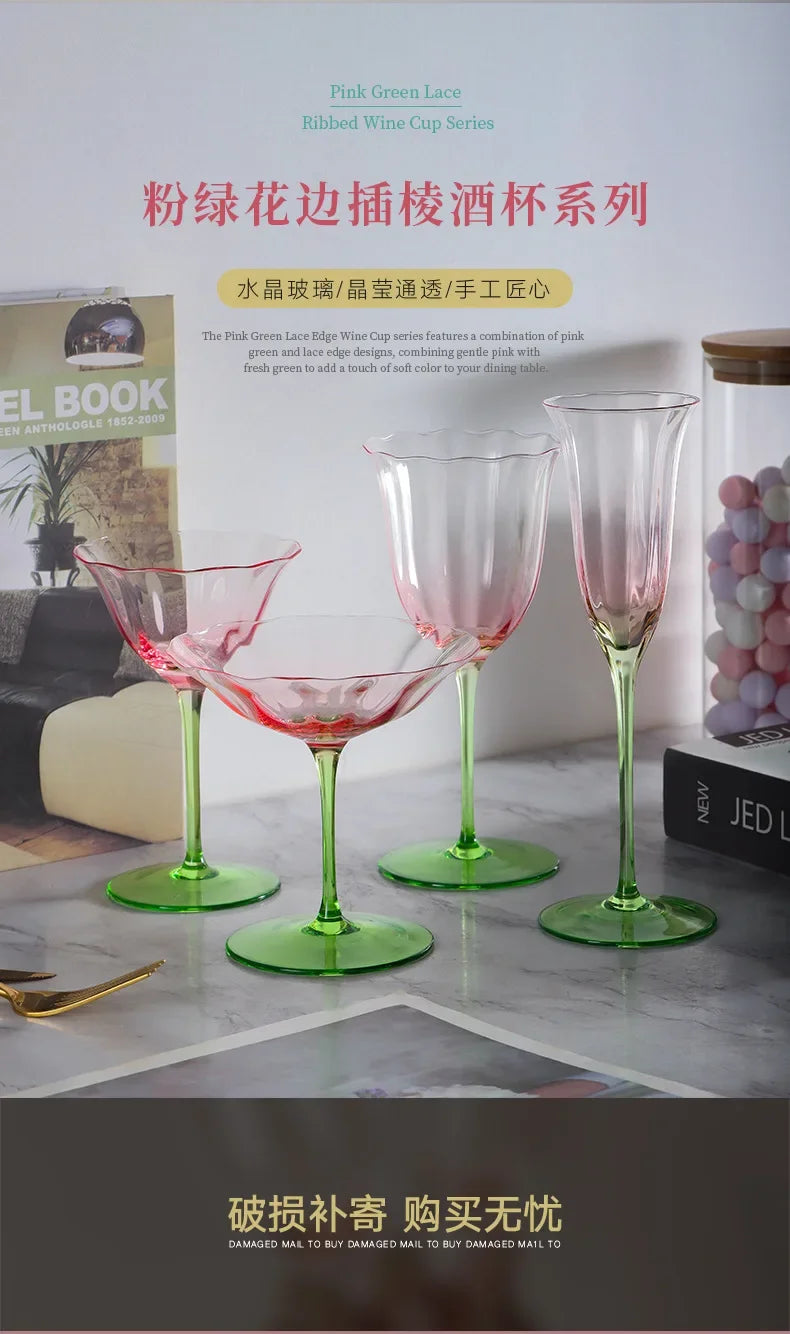 French Floral Cocktail Glass Household Luxury Retro Flower Red Wine Goblet Crystal Glass Pink Green Champagne Cup Cocktail Cup