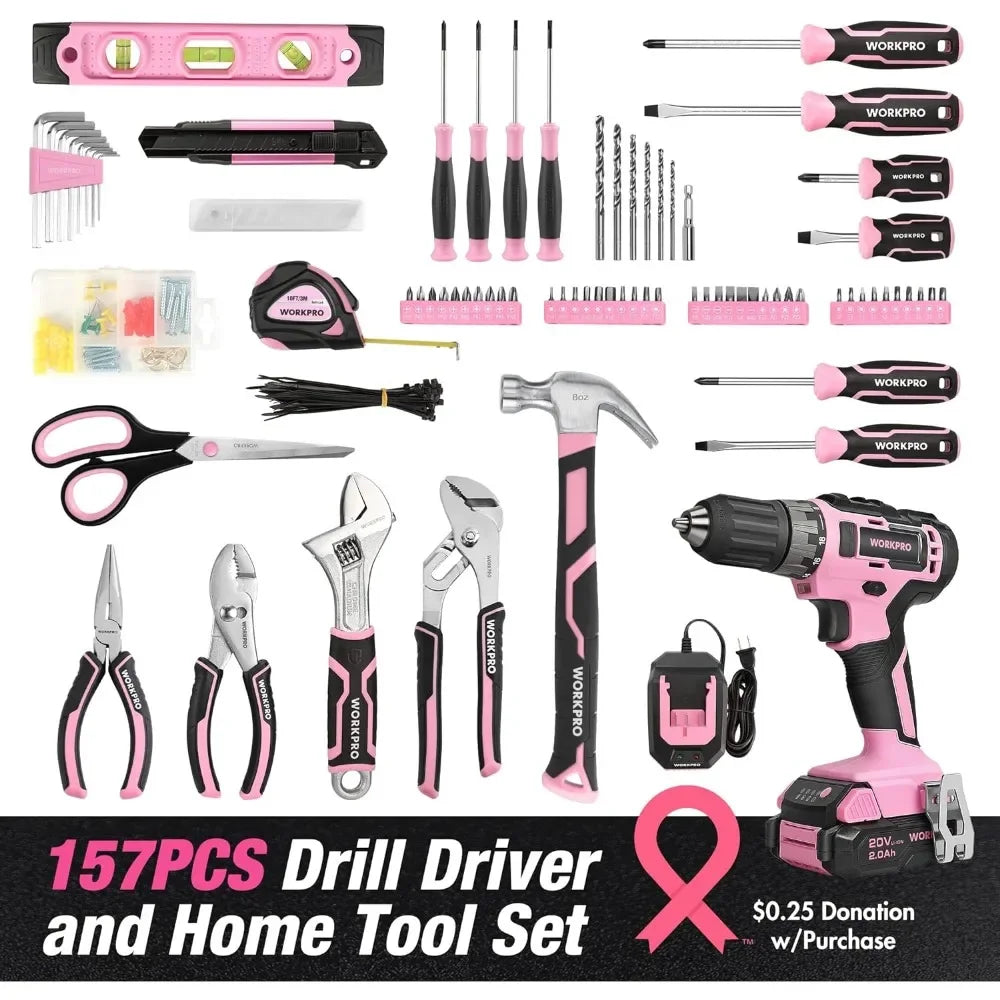 Pink Household Tool Kit with Drill, 157PCS Tool Set with 20V Cordless Lithium-ion Drill Driver, Home Tool Kit for All Purpose