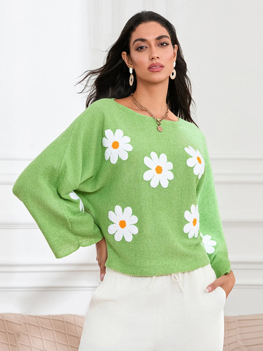 Women Loose Knit Sweater Sweet Flower Embroidered Long Sleeve Boat Neck Pullovers Spring Fall Casual Jumpers Tops