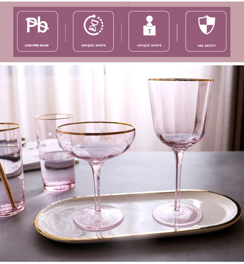 Nordic Creative Pink Cocktail Glass Lead-Free Crystal Home Champagne Wine Glasses Set Goblet Juice Water Cup Golden Edge Kettle
