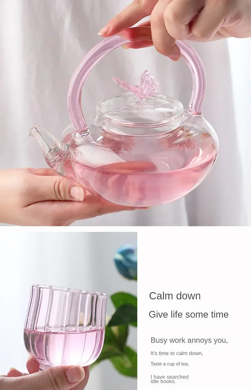 Tea Pot Pink Butterfly High Borosilicate Transparent Glass Beam Pot Clay Stove Tea Kettle Tea Cup