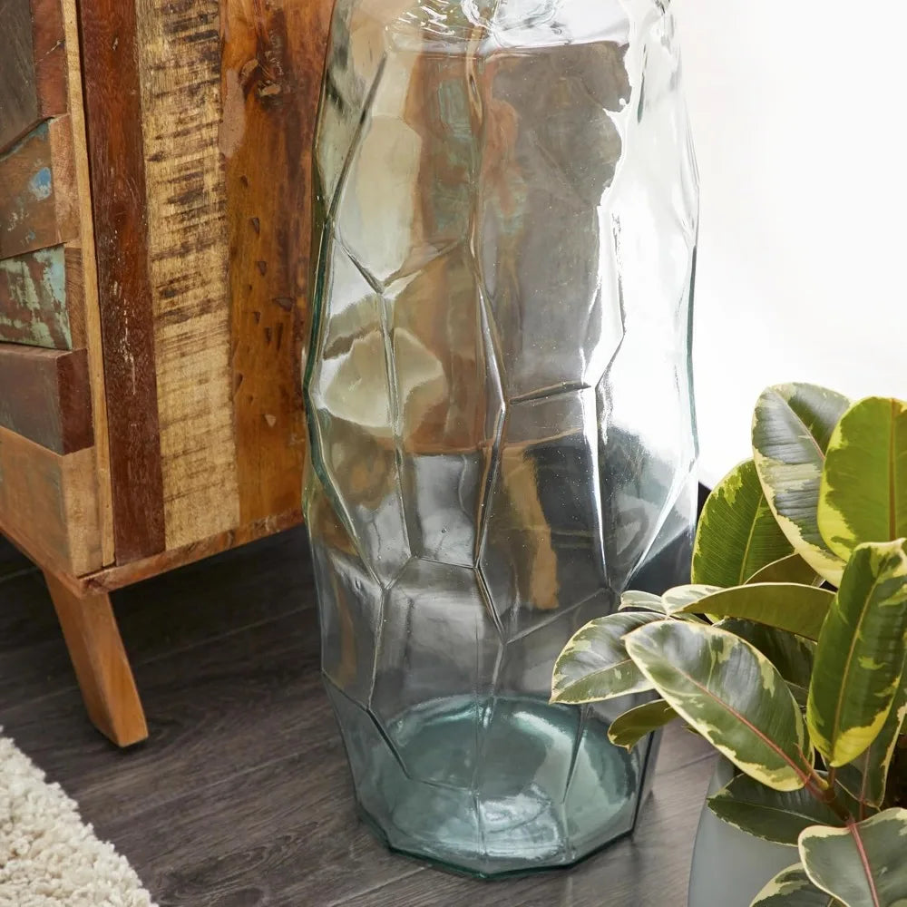Recycled Glass Handmade Decorative Vase Spanish Tall Faceted Floor Centerpiece Vase with Teal Tint for Home Decoration