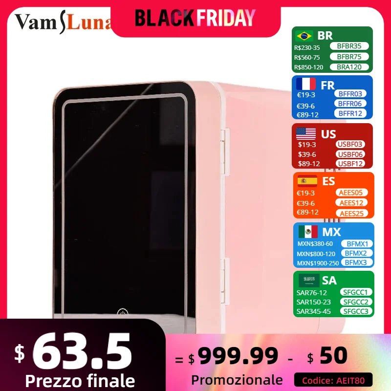 Pink Mini Portable 6L Personal Electric Cosmetics Beauty Fridge Freezer Skincare With Mirror LED Light