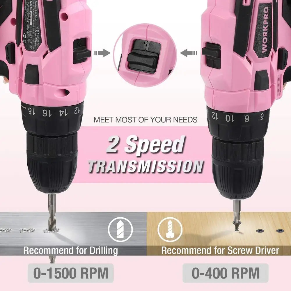 Cordless Drill Driver 12V Pink Hand Tool Set 18 1 Torque Adjustment Lithium-ion Battery 177 in-lbs Torque Portable Storage Bag