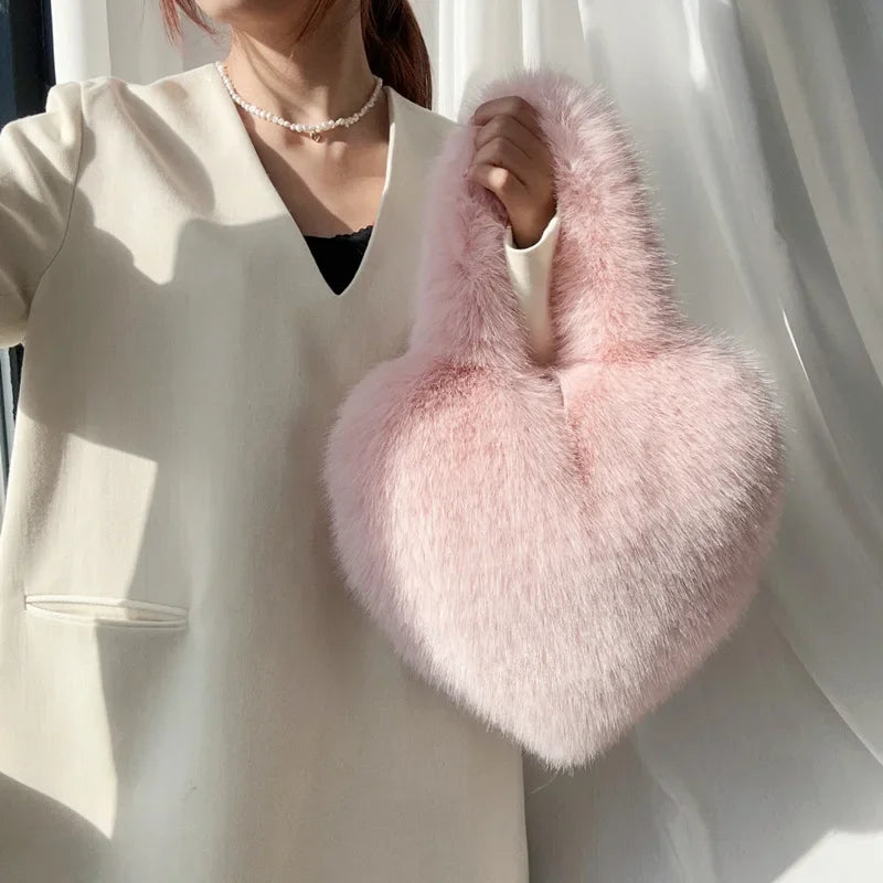 Love Heart Female Pink Plush Handbags Large Capacity Women's Faux Fur Crossbody Bag Tote Y2k Hot Girls Fluffy Shoulder Bags