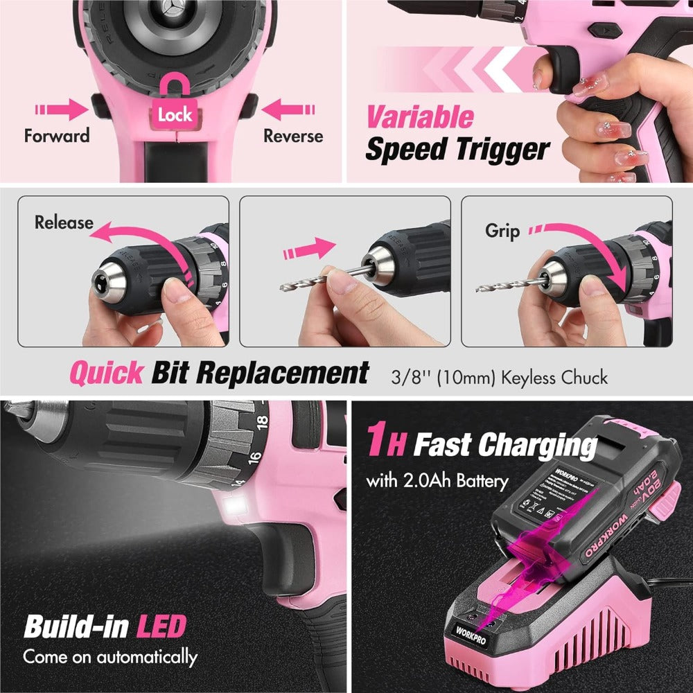 Pink Household Tool Kit with Drill, 157PCS Tool Set with 20V Cordless Lithium-ion Drill Driver, Home Tool Kit for All Purpose