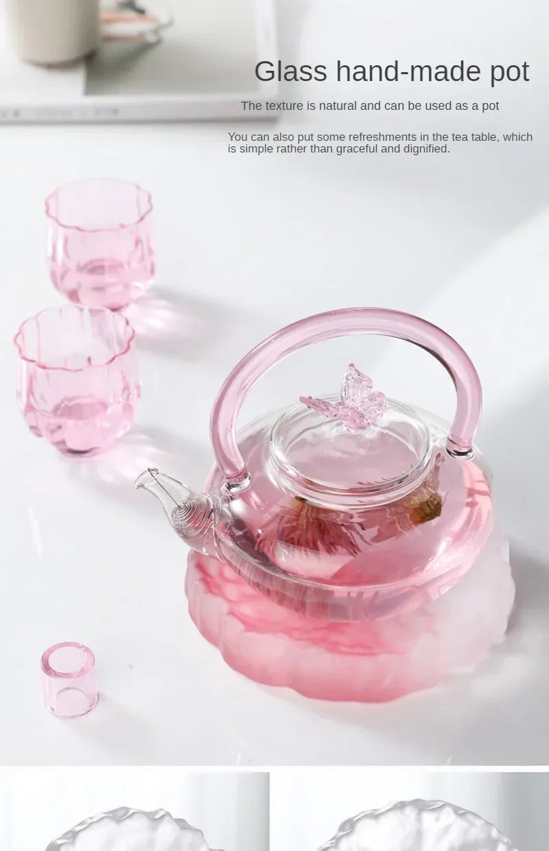 Tea Pot Pink Butterfly High Borosilicate Transparent Glass Beam Pot Clay Stove Tea Kettle Tea Cup