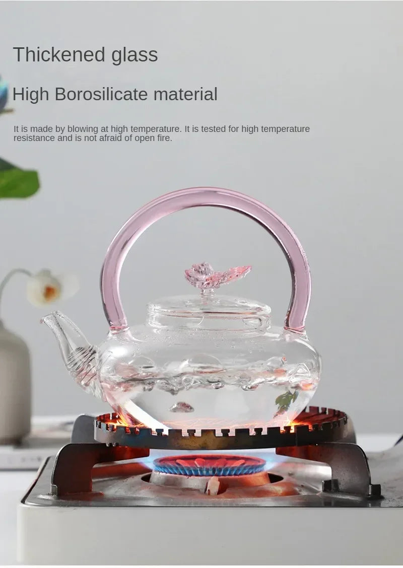 Tea Pot Pink Butterfly High Borosilicate Transparent Glass Beam Pot Clay Stove Tea Kettle Tea Cup