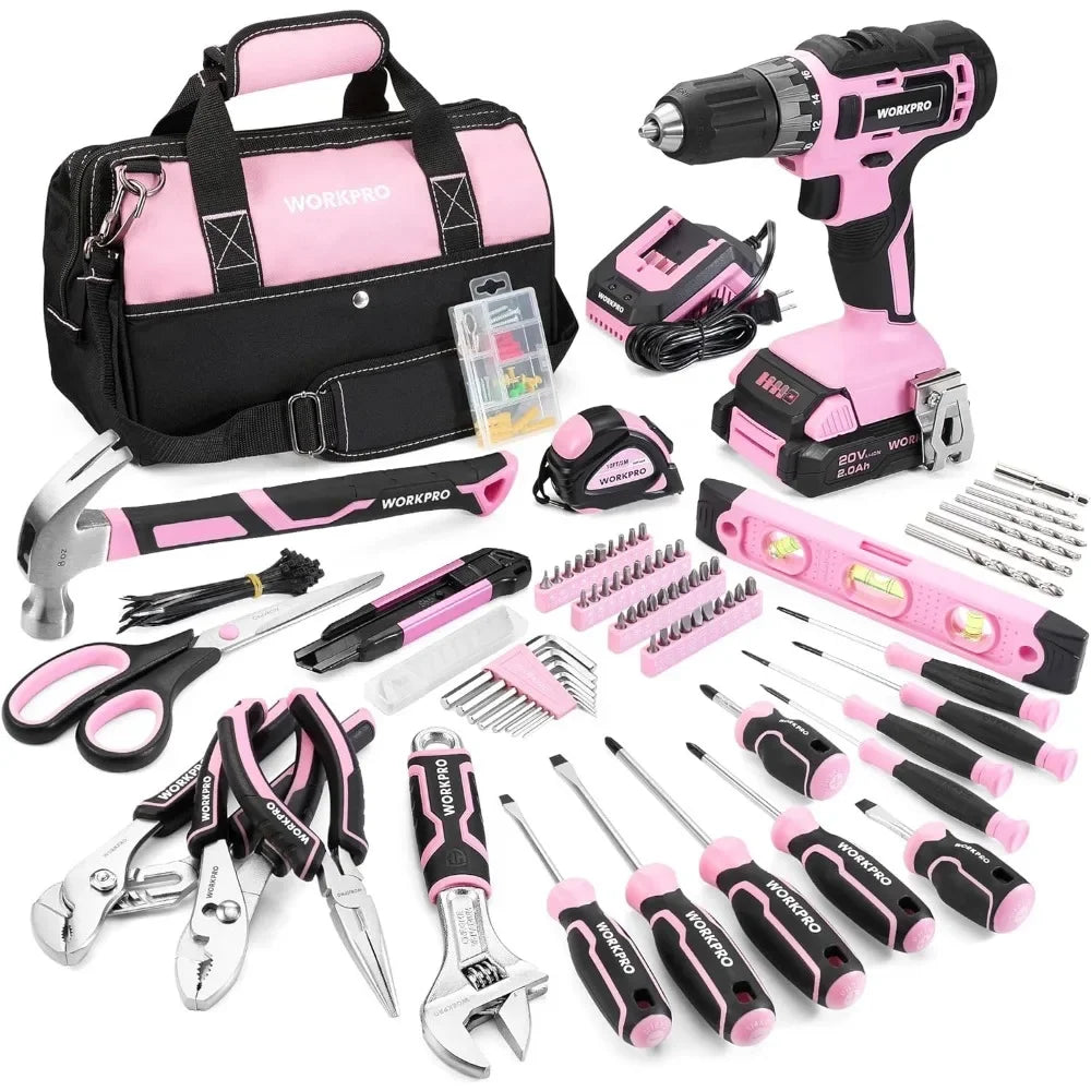 Pink Household Tool Kit with Drill, 157PCS Tool Set with 20V Cordless Lithium-ion Drill Driver, Home Tool Kit for All Purpose