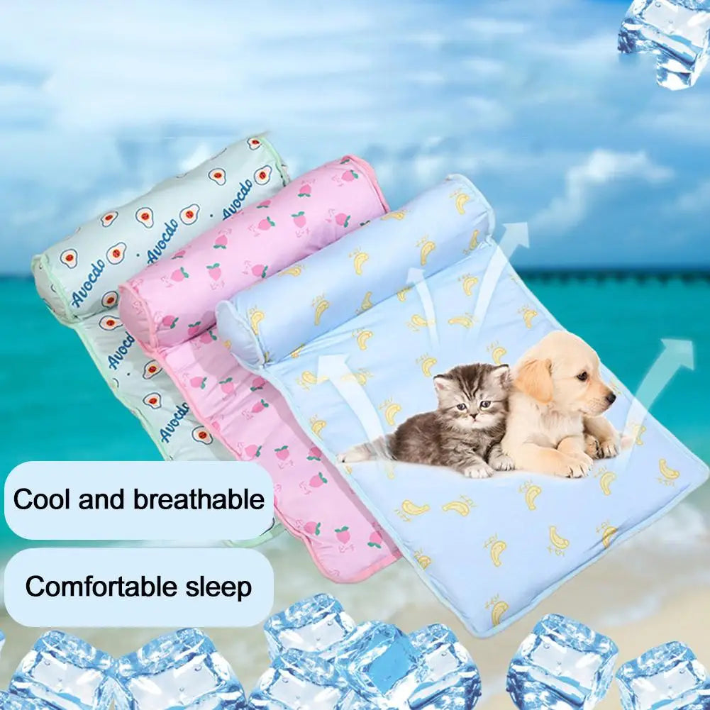 Summer Pet Cooling Mat Ice Silk Mat With Pillow Cushion Cat Dog Breathable Pad Sofa For Small Medium Dogs Cool Sleep Mats