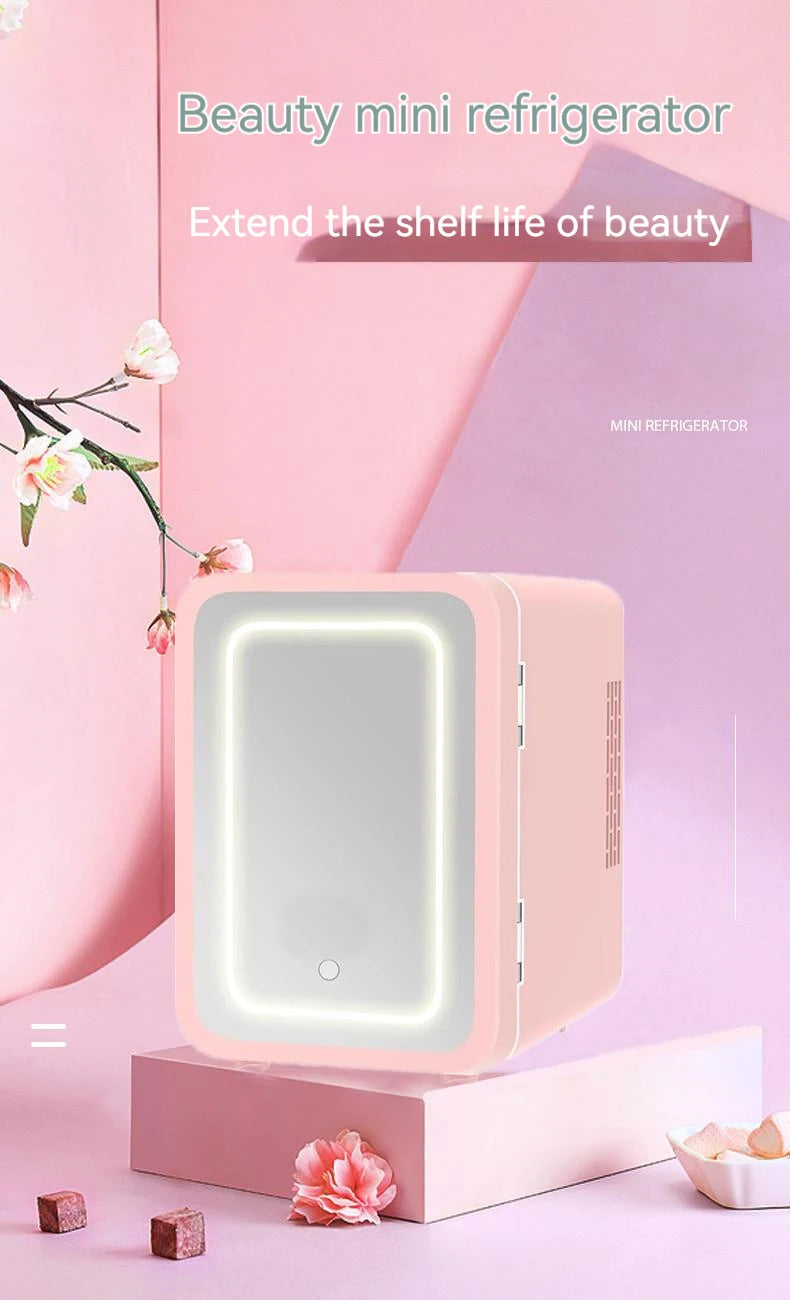 Pink Mini Portable 6L Personal Electric Cosmetics Beauty Fridge Freezer Skincare With Mirror LED Light