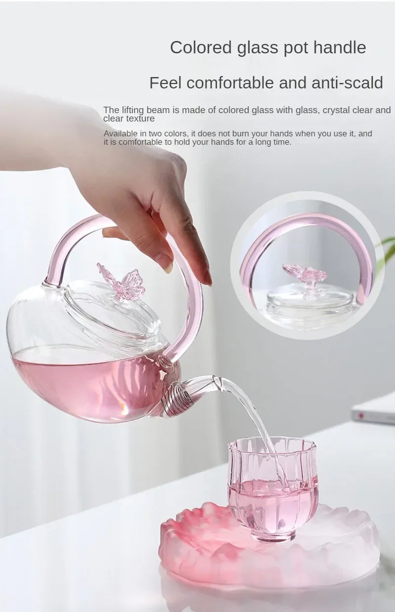 Tea Pot Pink Butterfly High Borosilicate Transparent Glass Beam Pot Clay Stove Tea Kettle Tea Cup