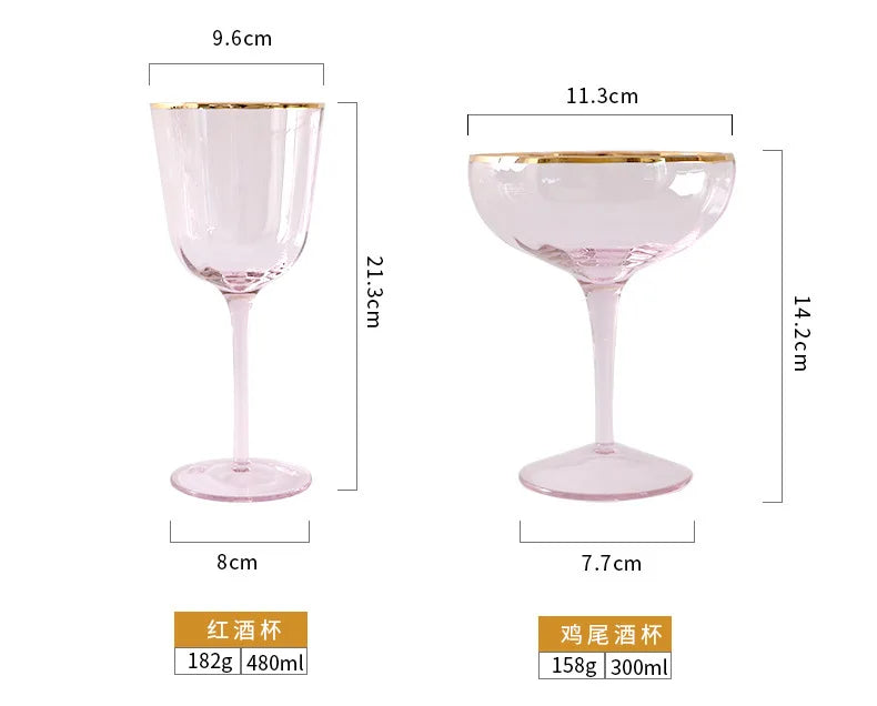 Nordic Creative Pink Cocktail Glass Lead-Free Crystal Home Champagne Wine Glasses Set Goblet Juice Water Cup Golden Edge Kettle