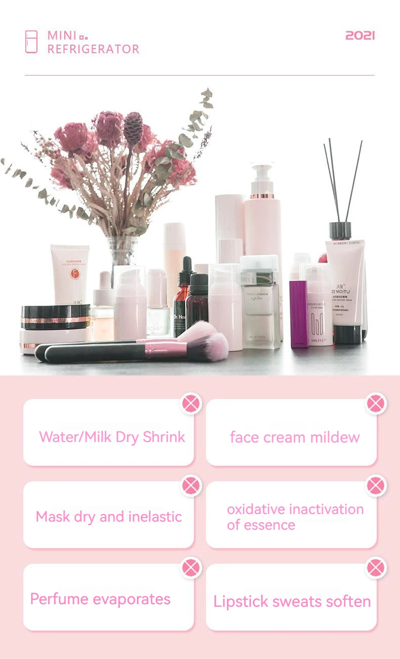 Pink Mini Portable 6L Personal Electric Cosmetics Beauty Fridge Freezer Skincare With Mirror LED Light