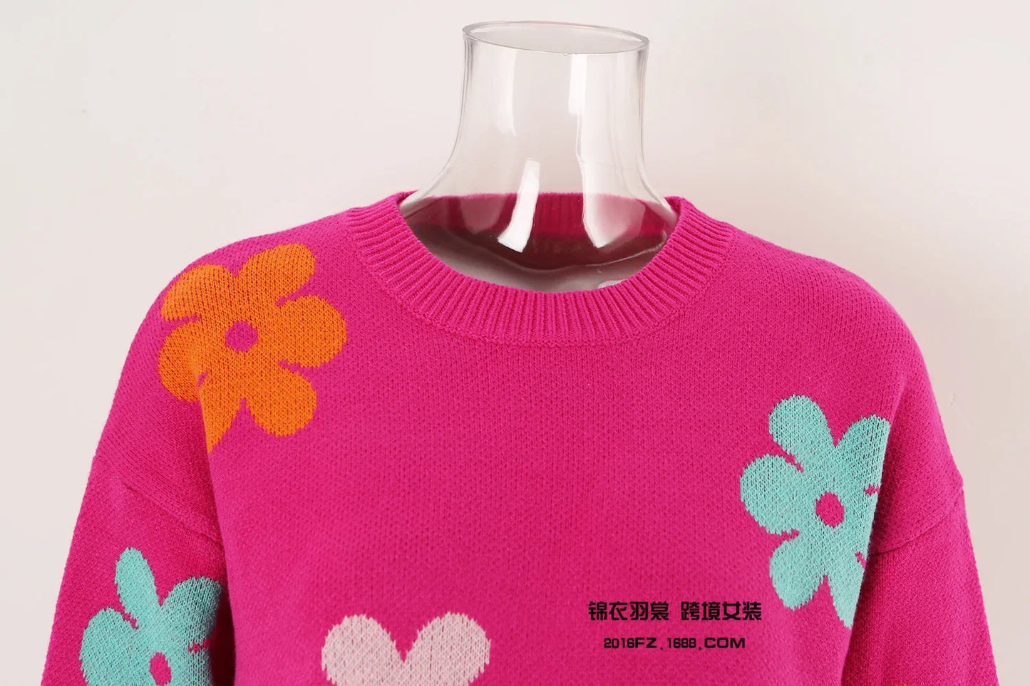 Spell Color Flower Round Collar Pullover Knitted Sweater