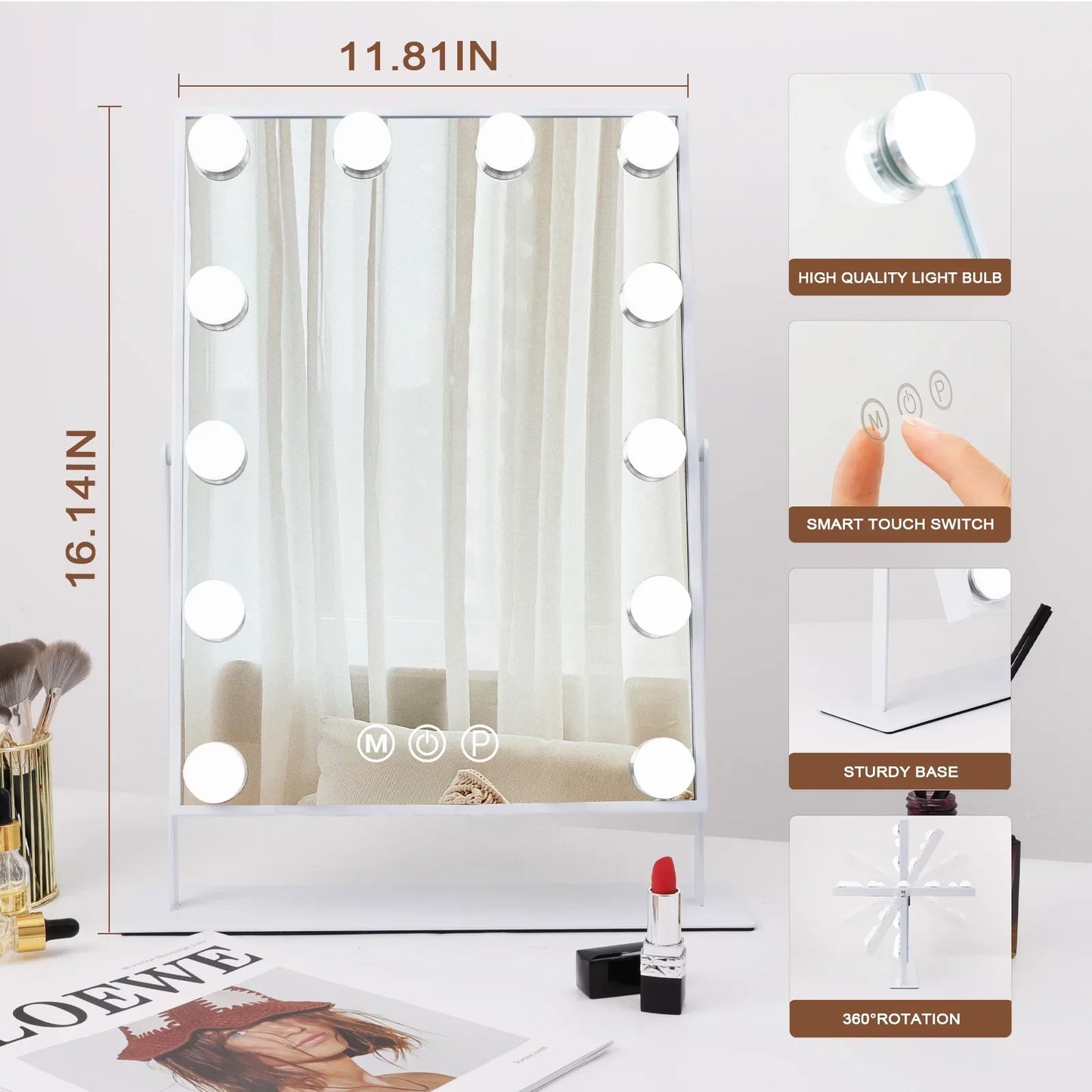 Hollywood Mirror Vanity Makeup Mirror With Light Smart Touch Control 3 Colors Dimmable Light