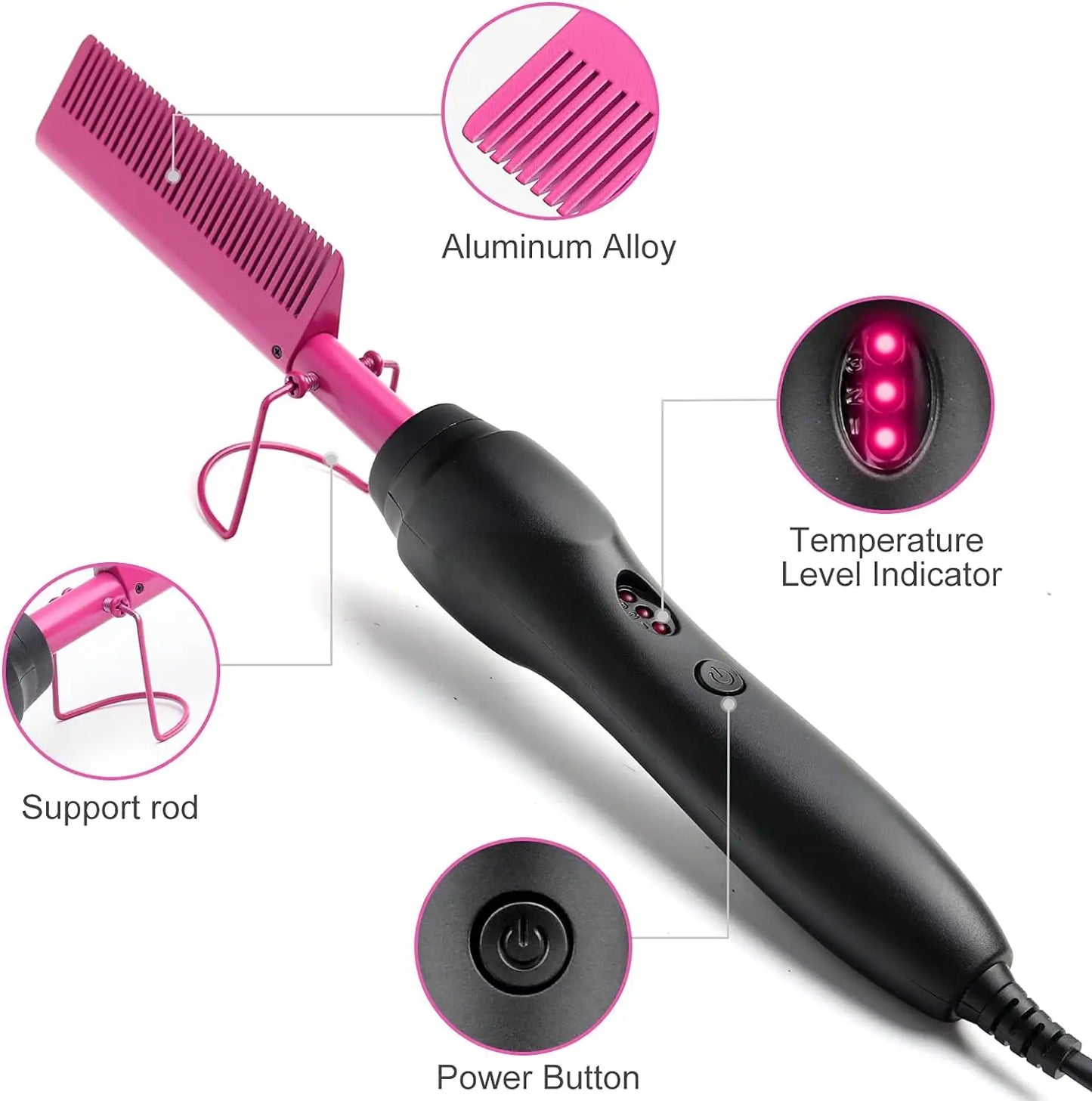 Electric Pink Hot Comb Professional Fast Heating Styling Comb Hair Straightener Portable Anti-Scald Straightening Press Comb