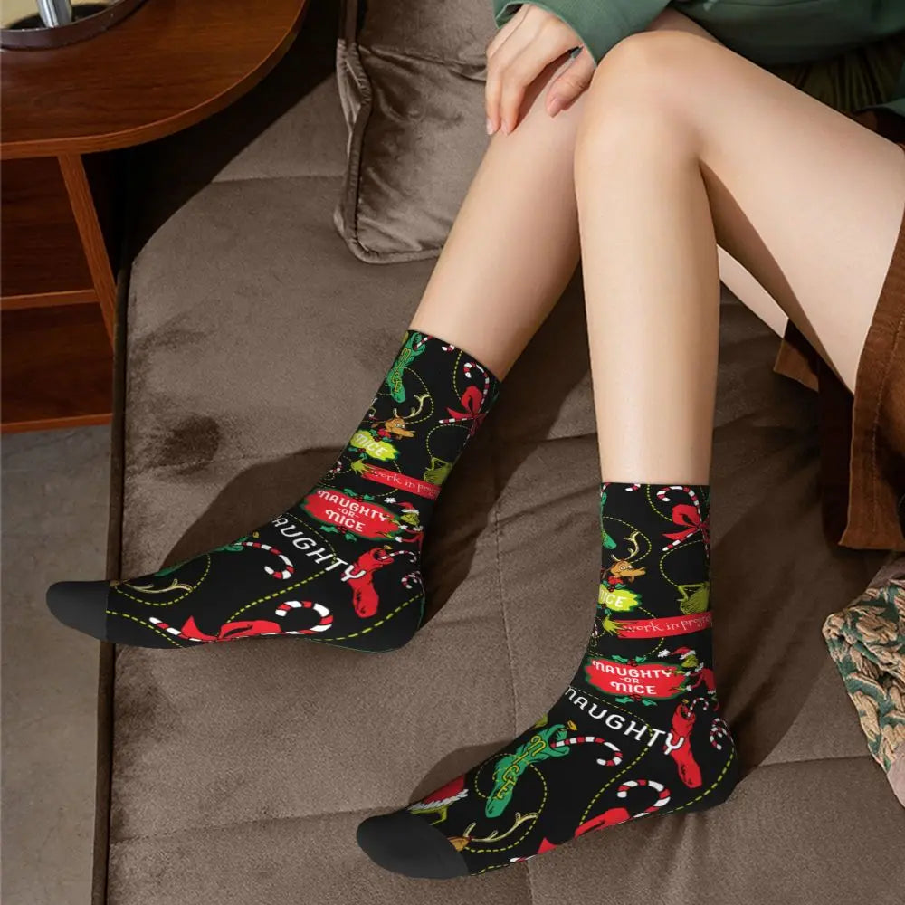 Novelty Christmas-S-Green-S-Grinching Socks Men's Women's Fashion Socks Spring Summer Autumn Winter Middle Tube Socks Gift