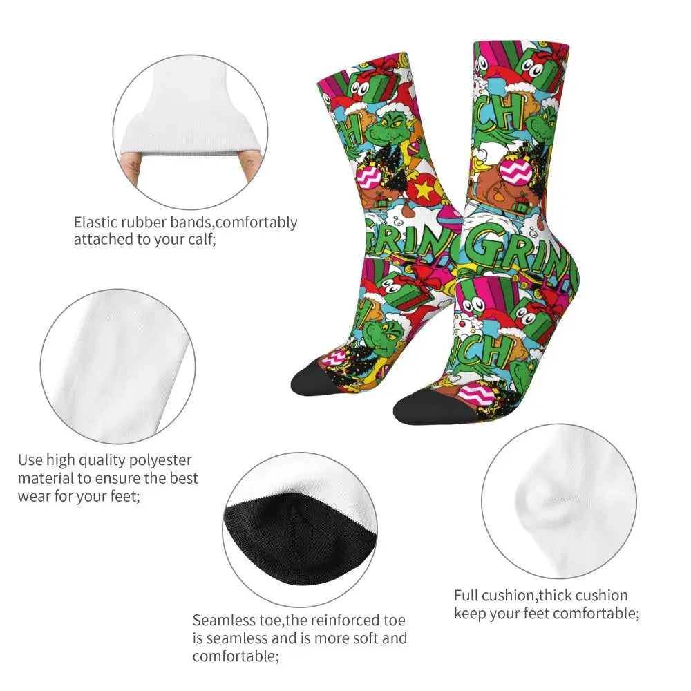 Novelty Christmas-S-Green-S-Grinching Socks Men's Women's Fashion Socks Spring Summer Autumn Winter Middle Tube Socks Gift